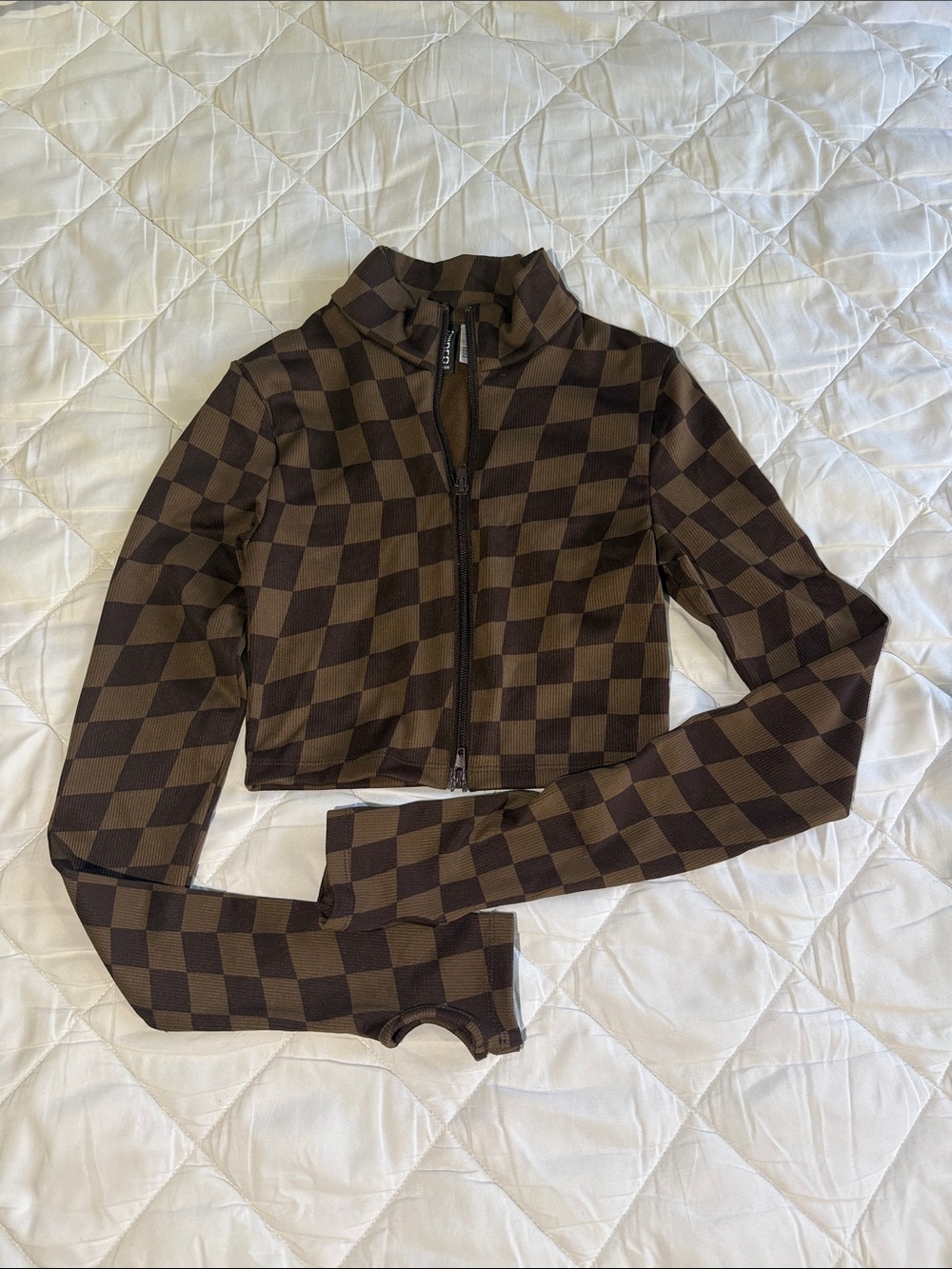 H&M Brown Checkerboard Cropped Zip Long-Sleeve Top